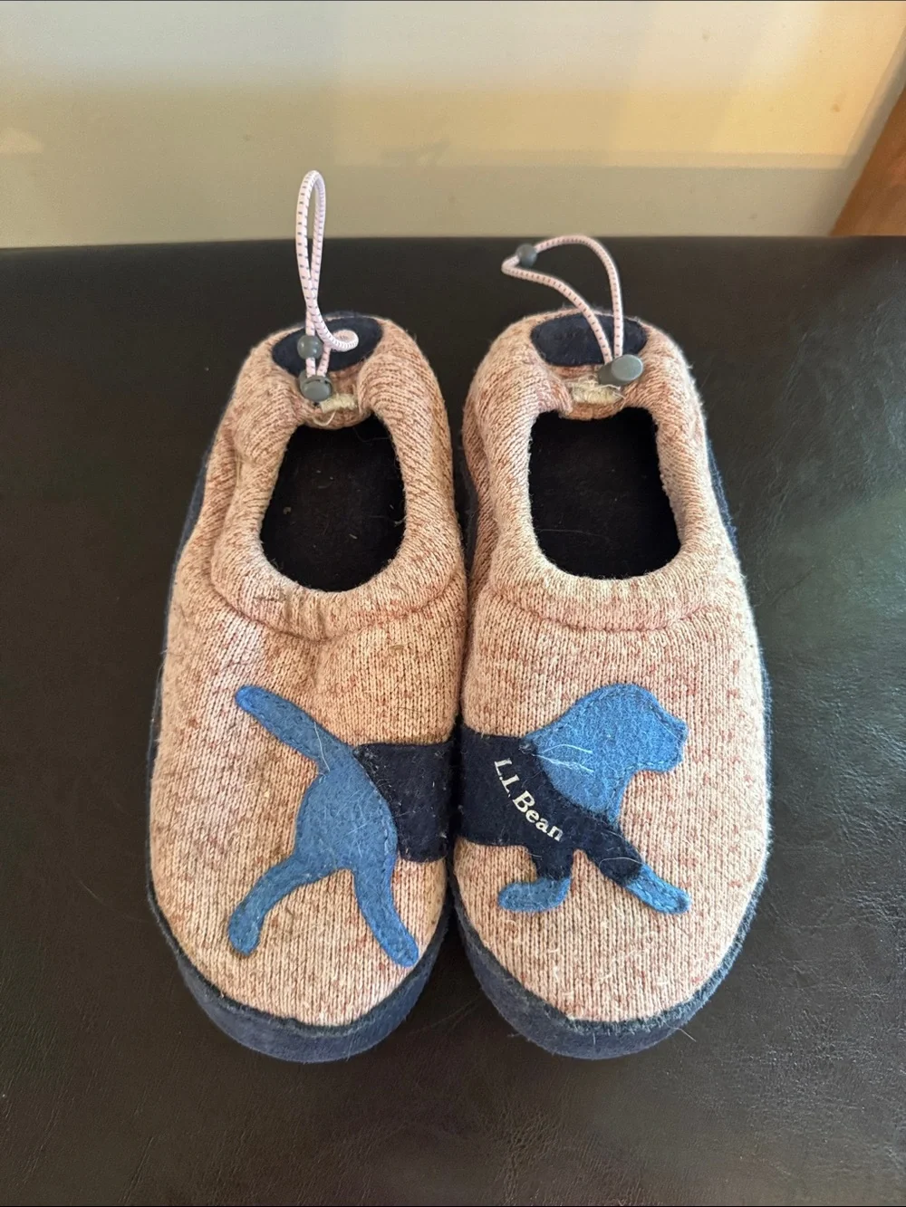 L.L. Bean Kids Brown Slip-On Slippers with Blue Dog Appliqué